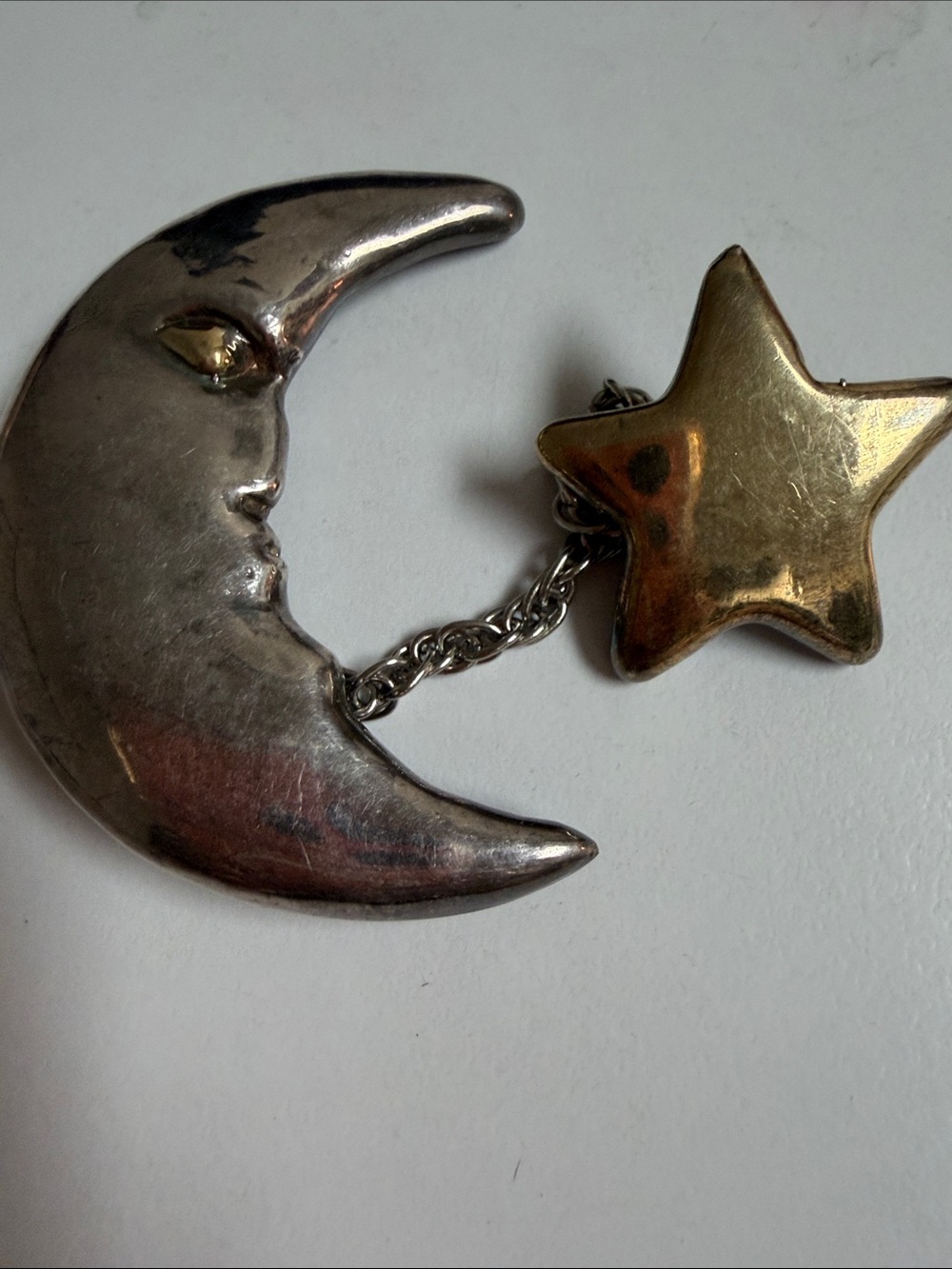 Large 925 Silver Moon and Gold Star Linked Brooch
